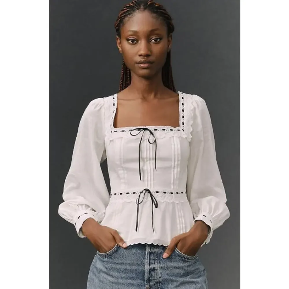 NEW Reformation Haisley Ribbon Accent Organic Cotton Peplum Top White Size 4